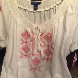 White Cotton Embroidered Blouse w/ Beaded Sleeve